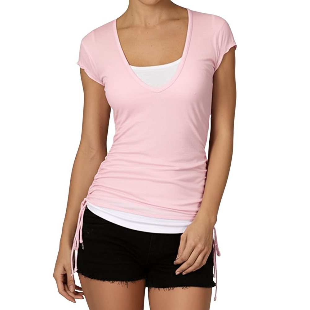 JULIE'S CLOSET Light Pink White‎ Layered Ruched Casual T-Shirt Womens Small